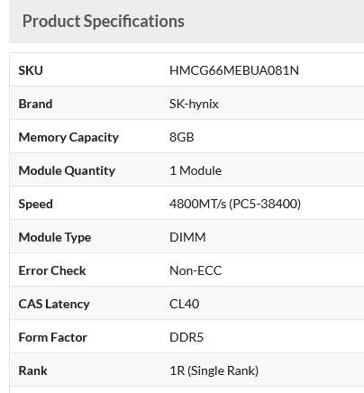 SK Hynix 8GB RAM DDR5-4800 UDIMM Memory Module HMCG66MEBUA081N AA for Desktops