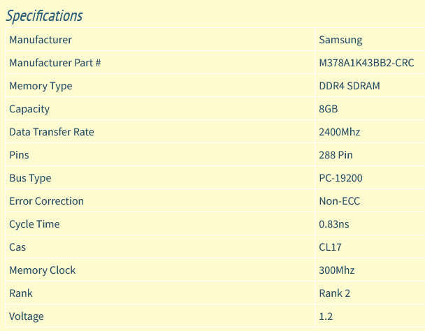 Samsung 8GB DDR4 RAM PC4-19200 2400MHZ 288 Pin Dimm 1.2V Desktop RAM Memory [M378A1K43BB2-CRC]