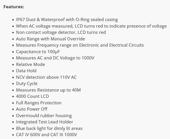 Major Tech 1000V AC/DC IP67 True RMS Multimeter (MT1877) - Industrial CAT IV 600V