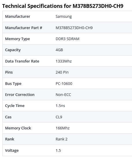 Samsung 4GB PC3-10600U 1333MHz DDR3 RAM Memory Module M378B5273DH0-CH9