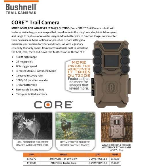 Bushnell 24MP CORE Trail Camera, Single Sensor, no Glow_119938C