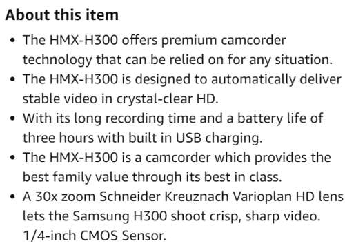 Samsung HMX-H300 Full HD Camcorder with 30x Zoom (Black)
