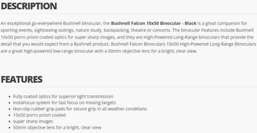 Bushnell Falcon 10x50 Binocular - Black + Pouch