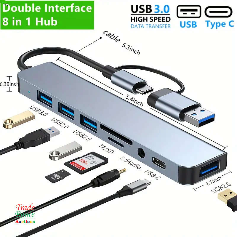 8 in 1 USB-C Adapter Hub Docking Station 8 Port HUB Card Reader Multi-functional