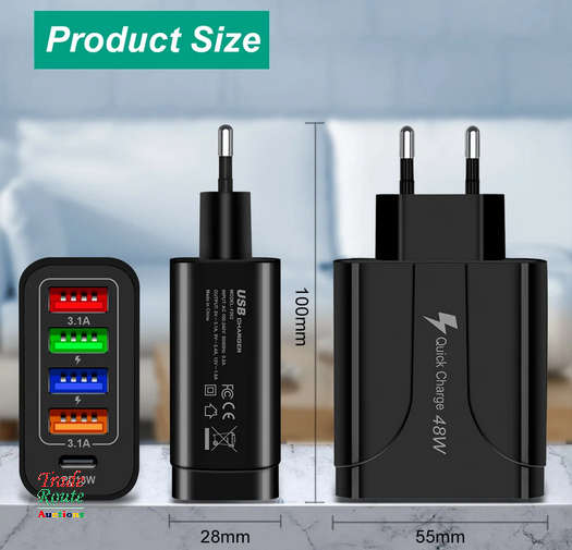 USB C Wall Charger 48W 5 Ports USB Fast Charging USB-C Charger TYPE-C Charger 4xUSB + 1xPD18W