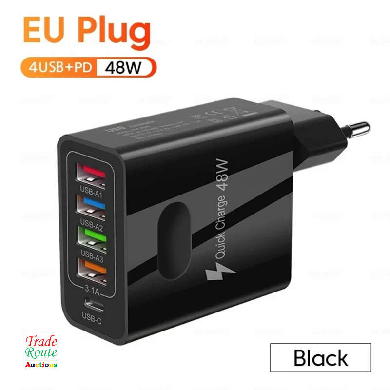 USB C Wall Charger 48W 5 Ports USB Fast Charging USB-C Charger TYPE-C Charger 4xUSB + 1xPD18W