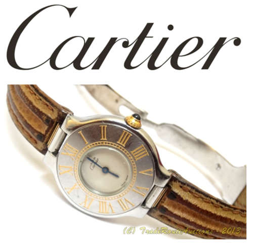 Must de Cartier - AUTHENTIC RARE CARTIER 21 - 18K PLATED STEEL LEATHER STRAP WOMEN`S SIZE - IN BOX