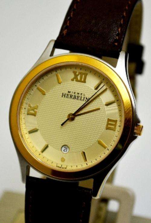 Michel Herbelin Men's Gold Plated Leather Strap Watch - Model : 12411/T13MA