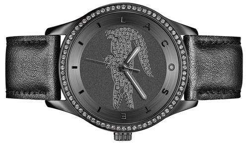 Lacoste Victoria Black Crystallized Dial Black Leather Band Women's Watch 2000823  - Brand New