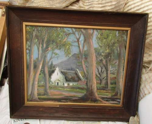 LOVELY OIL PAINTING OF A CAPE DUTCH HOUSE AMONGST TREES