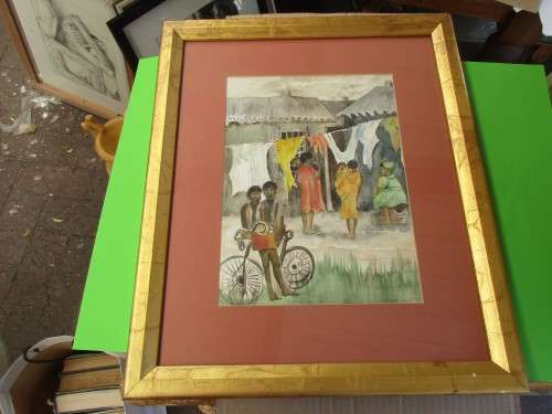 LOVELY WATERCOLOUR WASHING SCENE SIGNED S.GRUNBAUER 1990