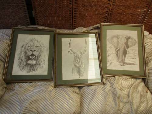 THREE PRINTS OF K WACKER LION ANTELOPE AND ELEPHANT