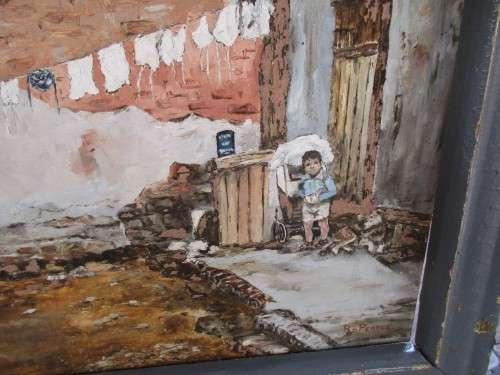 LOVELY OIL ON BOARD WASHING DAY SCENE  SIGNED R PEARCE
