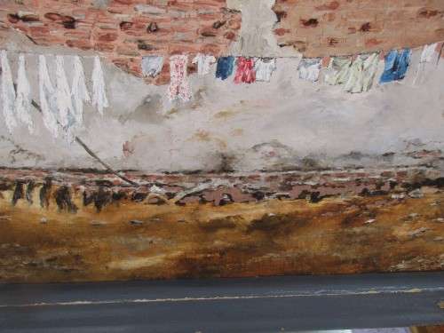LOVELY OIL ON BOARD WASHING DAY SCENE  SIGNED R PEARCE