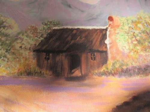 OIL ON BOARD COTTAGE AMONGST TREES