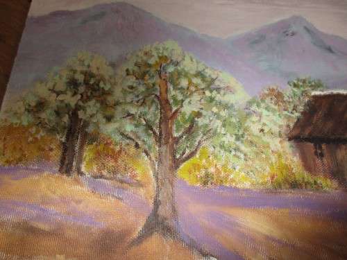 OIL ON BOARD COTTAGE AMONGST TREES
