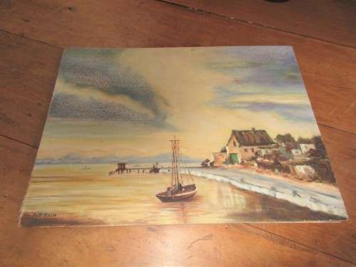 PAT KAIN OIL ON BOARD   BOAT NEAR HOUSES