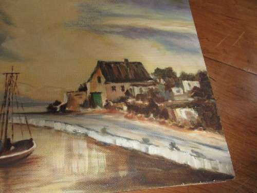 PAT KAIN OIL ON BOARD   BOAT NEAR HOUSES