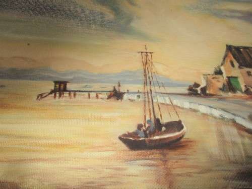 PAT KAIN OIL ON BOARD   BOAT NEAR HOUSES