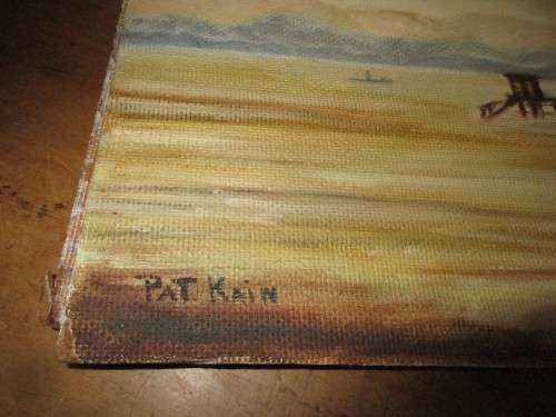 PAT KAIN OIL ON BOARD   BOAT NEAR HOUSES