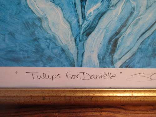 PAINTING OF  WHITE TULIPS ON BLUE BACKGROUND ENTITLED PROOF