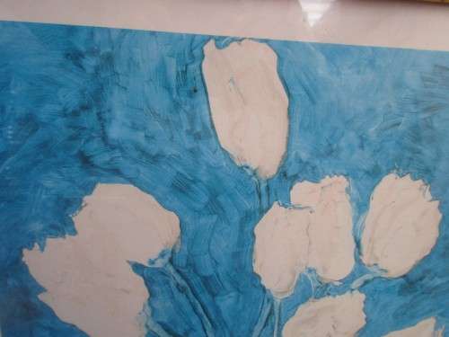 PAINTING OF  WHITE TULIPS ON BLUE BACKGROUND ENTITLED PROOF