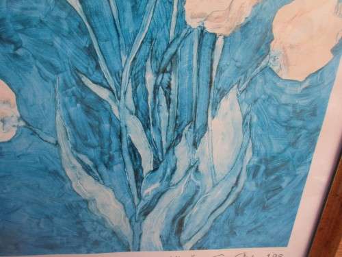 PAINTING OF  WHITE TULIPS ON BLUE BACKGROUND ENTITLED PROOF