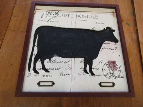 LOVELY ! UNUSUAL FRAMED COW WITH FRENCH POSTMARKS
