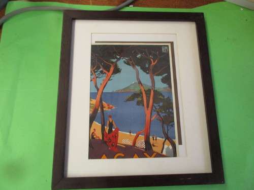 LITHOGRAPH ART DECO WOMAN WITH TOWL AT BEACH