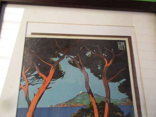 LITHOGRAPH ART DECO WOMAN WITH TOWL AT BEACH