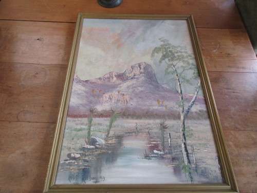 OIL ON BOARD CHRIS VAN RENSBURG 1993 ALOES IN FRONT OF A MOUNTAIN RANGE