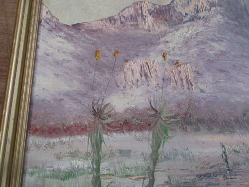 OIL ON BOARD CHRIS VAN RENSBURG 1993 ALOES IN FRONT OF A MOUNTAIN RANGE