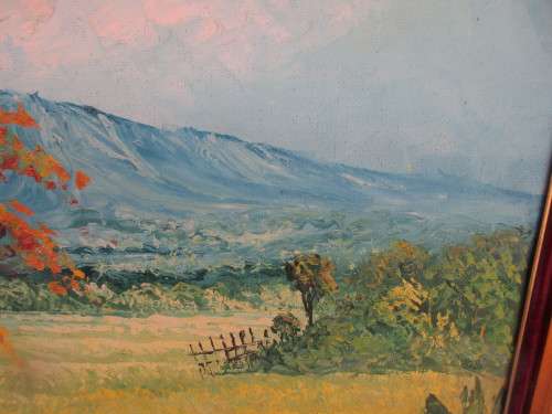 SIGNED OIL ON BOARD LANDSCAPE  TWO FIGURES NEAR STREAM