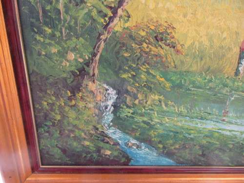 SIGNED OIL ON BOARD LANDSCAPE  TWO FIGURES NEAR STREAM