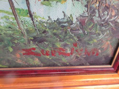 SIGNED OIL ON BOARD LANDSCAPE  TWO FIGURES NEAR STREAM