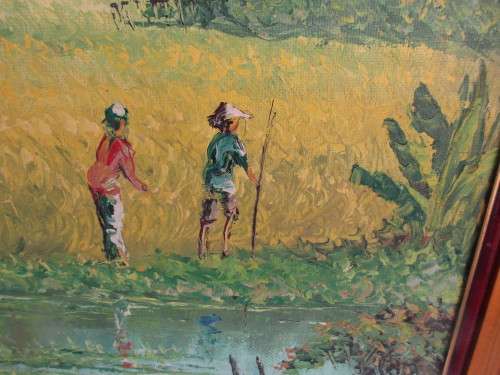 SIGNED OIL ON BOARD LANDSCAPE  TWO FIGURES NEAR STREAM