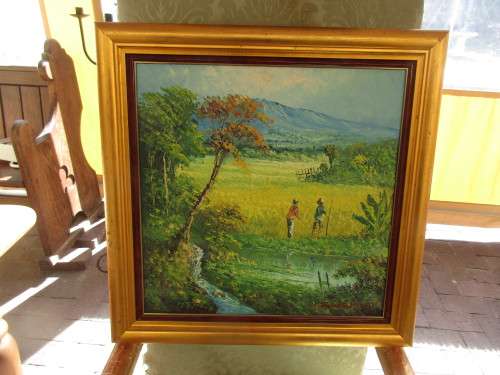 SIGNED OIL ON BOARD LANDSCAPE  TWO FIGURES NEAR STREAM