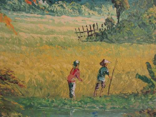 SIGNED OIL ON BOARD LANDSCAPE  TWO FIGURES NEAR STREAM