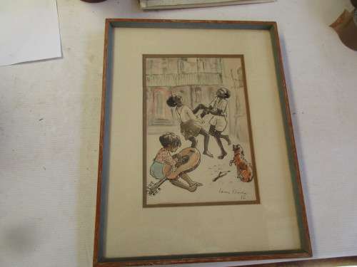 WATERCOLOUR CHILDREN PLAYING  LENI FLOREN 1956