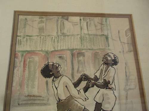 WATERCOLOUR CHILDREN PLAYING  LENI FLOREN 1956