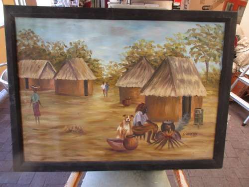 OIL ON BOARD S ABIGI-DOO 2001 COOKING IN THE VILLAGE