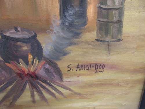 OIL ON BOARD S ABIGI-DOO 2001 COOKING IN THE VILLAGE