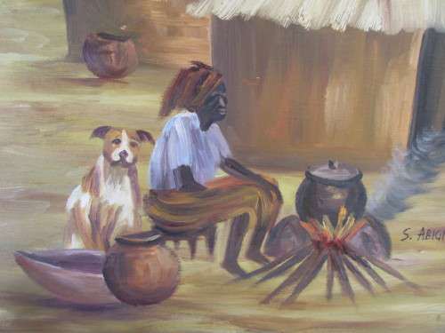 OIL ON BOARD S ABIGI-DOO 2001 COOKING IN THE VILLAGE
