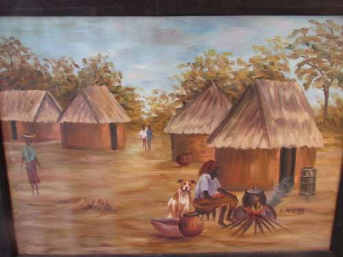 OIL ON BOARD S ABIGI-DOO 2001 COOKING IN THE VILLAGE