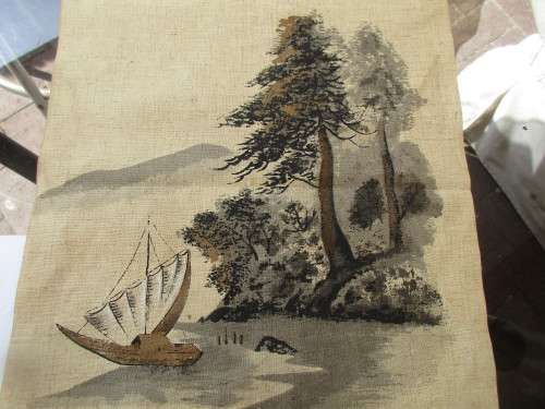BEAUTIFUL  JAPANESE WALL HANGING MOUNT FUJI AND TREES SIGNED AND A SEAL MARK IN RED