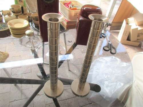BEAUTIFUL PAIR SILVER PLATE MACHINE TURNED CANDLESTICKS