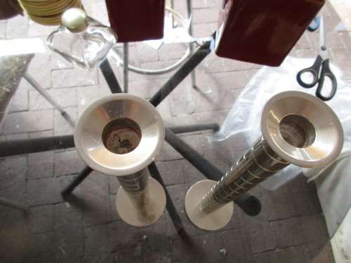 BEAUTIFUL PAIR SILVER PLATE MACHINE TURNED CANDLESTICKS