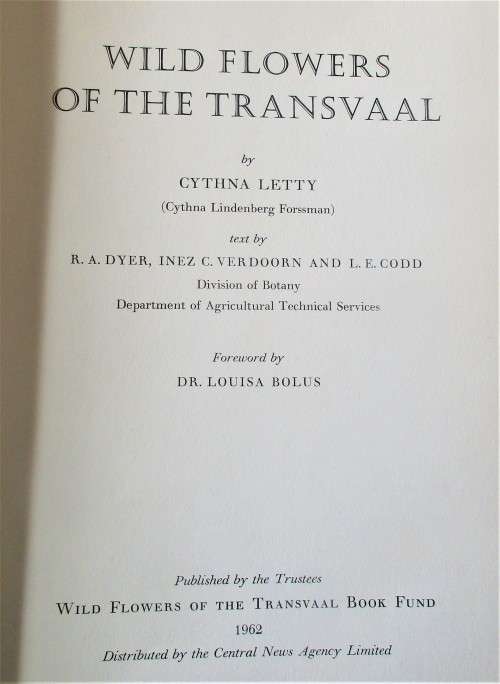 WILD FLOWERS OF THE TRANSVAAL CYNTHIA LETTY 1962 FIRST EDITION