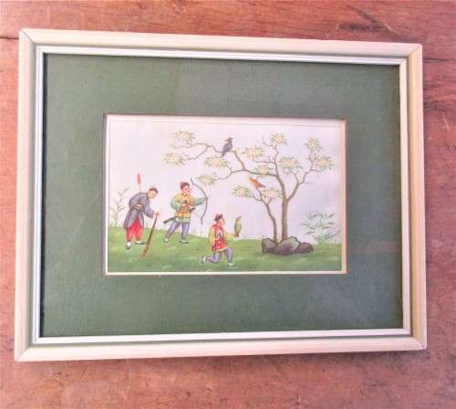 PAIR CHINESE PAINTINGS ON SILK OF HUNTERS HUNTING BRDS