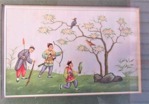 PAIR CHINESE PAINTINGS ON SILK OF HUNTERS HUNTING BRDS